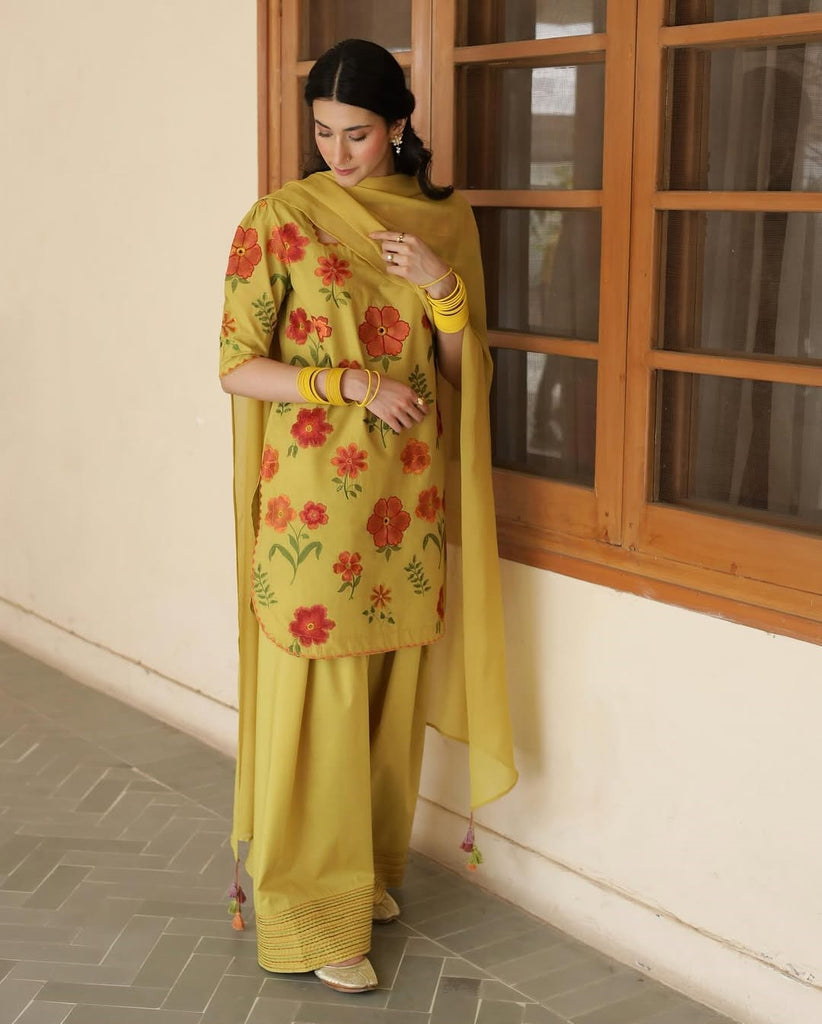 OLIVE YELLOW | 3PC Stitched Embroidered Outfit