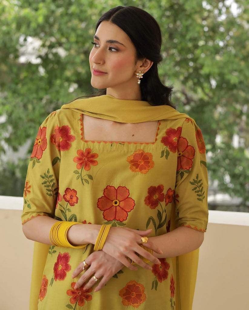 OLIVE YELLOW | 3PC Stitched Embroidered Outfit