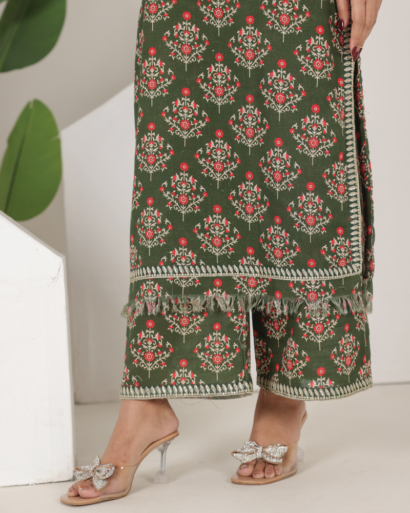 Floral Olive Grace | 2-Piece Stitched Suit