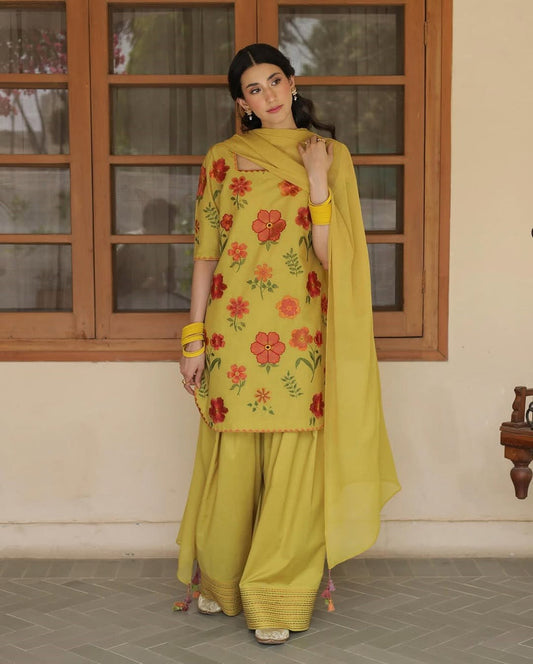 OLIVE YELLOW | 3PC Stitched Embroidered Outfit