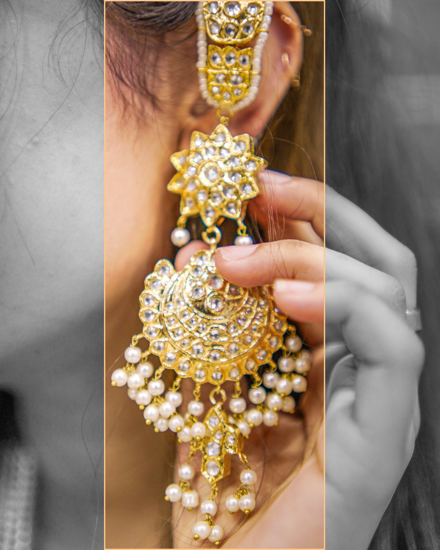 ✨"Regal Radiance: Gold-Polished Kundan Chandbali with Pearls"
